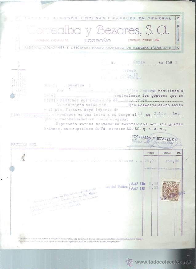 Old Invoices: CORREALBA Y BEZARES, SACOS DE ALGOD&Oacute;N, BOLSAS, PAPELES, LOGRO&Ntilde;O 12 JUNIO 1953