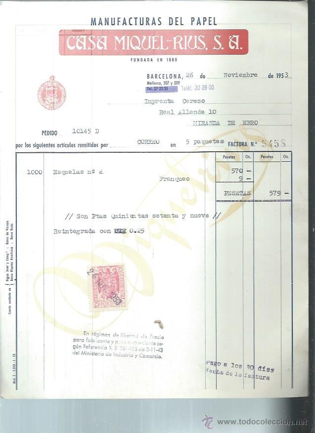 Old Invoices: MANUFACTURAS DEL PAPEL CASA MIQUEL RIUS, BARCELONA 26 NOVIEMBRE 1953