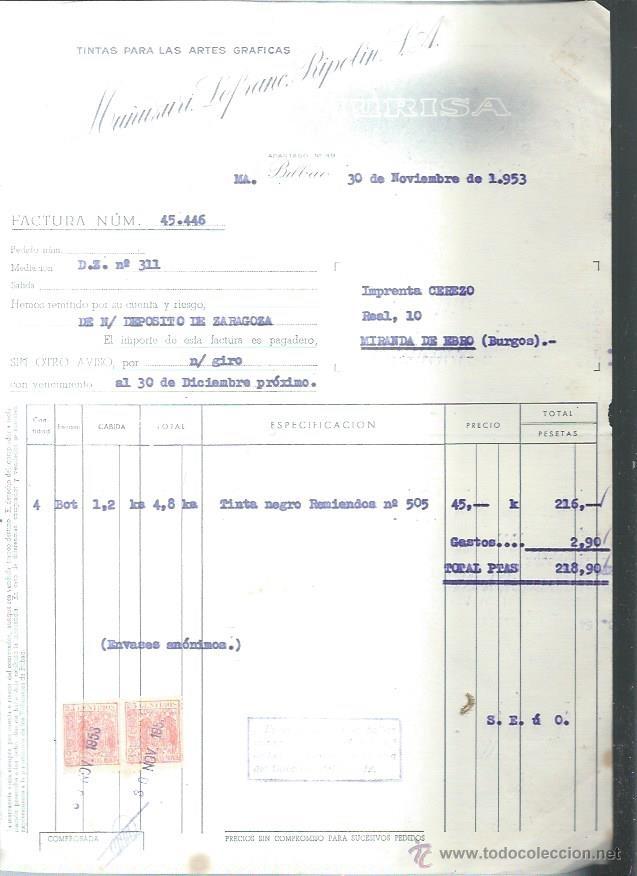 Old Invoices: TINTAS PARA LAS ARTES GR&Aacute;FICAS MURISA, MU&Ntilde;UZURI LEFRANC RIPOLIN, BILBAO 30 NOVIEMBRE 1953