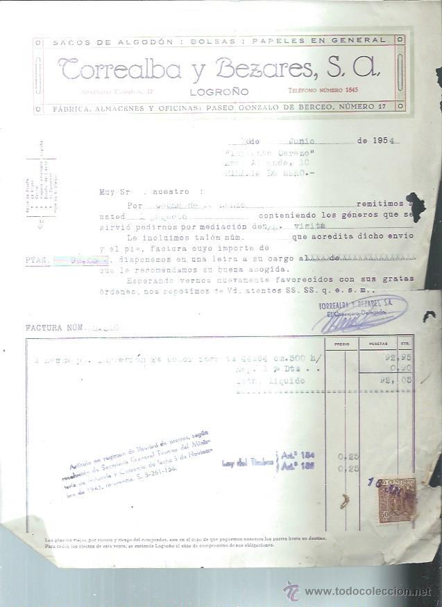Old Invoices: CORREALBA Y BEZARES SACOS DE ALGOD&Oacute;N, BOLSAS PAPELES, LOGRO&Ntilde;O 16 JUNIO 1954