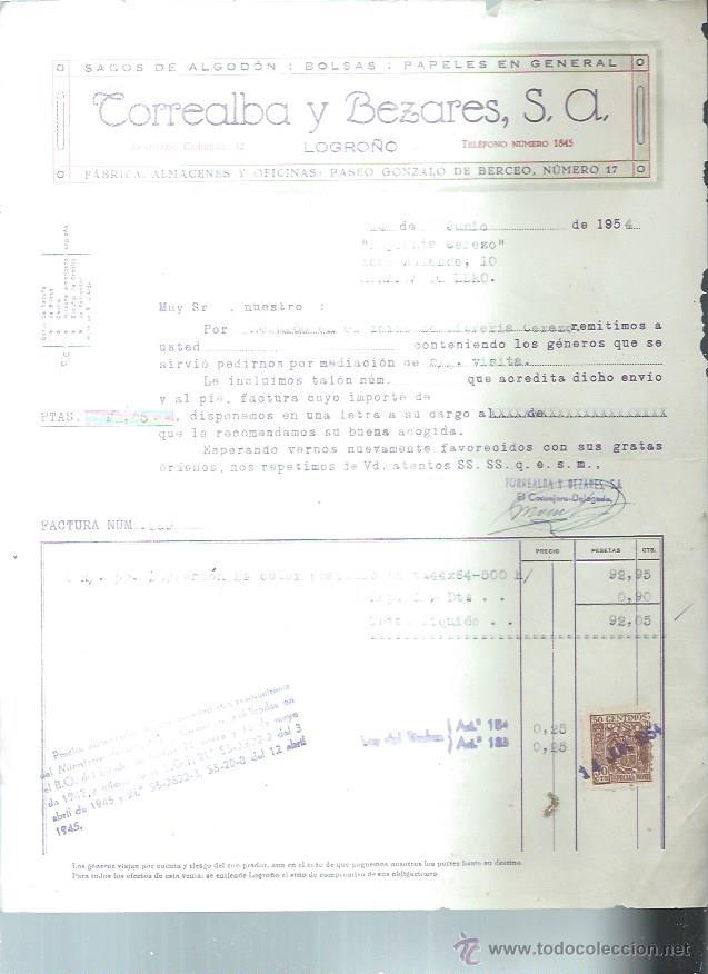 Old Invoices: CORREALBA Y BEZARES SACOS DE ALGOD&Oacute;N, BOLSAS PAPELES, LOGRO&Ntilde;O 14 JUNIO 1954