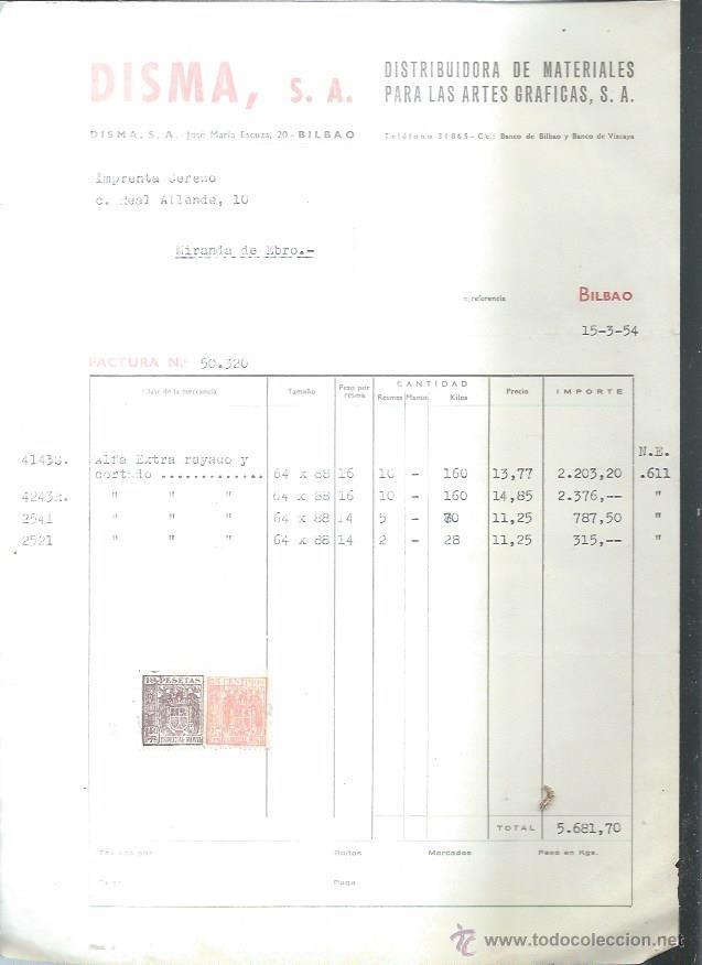 Old Invoices: DISMA DISTRIBUIDORA DE MATERIALES PARA LAS ARTES GR&Aacute;FICAS, BILBAO 15 MARZO 1954