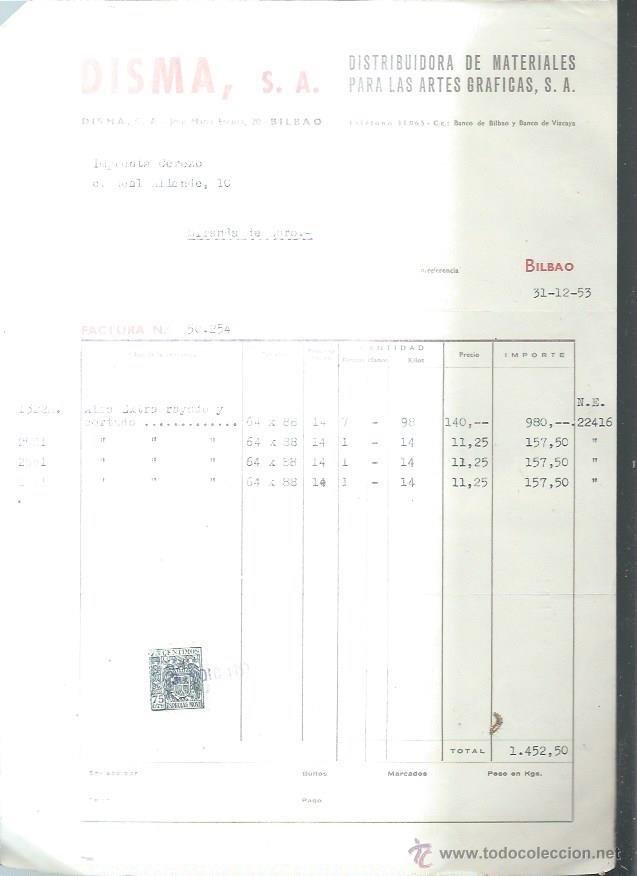 Old Invoices: DISMA DISTRIBUIDORA DE MATERIALES PARA LAS ARTES GR&Aacute;FICAS, BILBAO 31 DICIEMBRE 1953