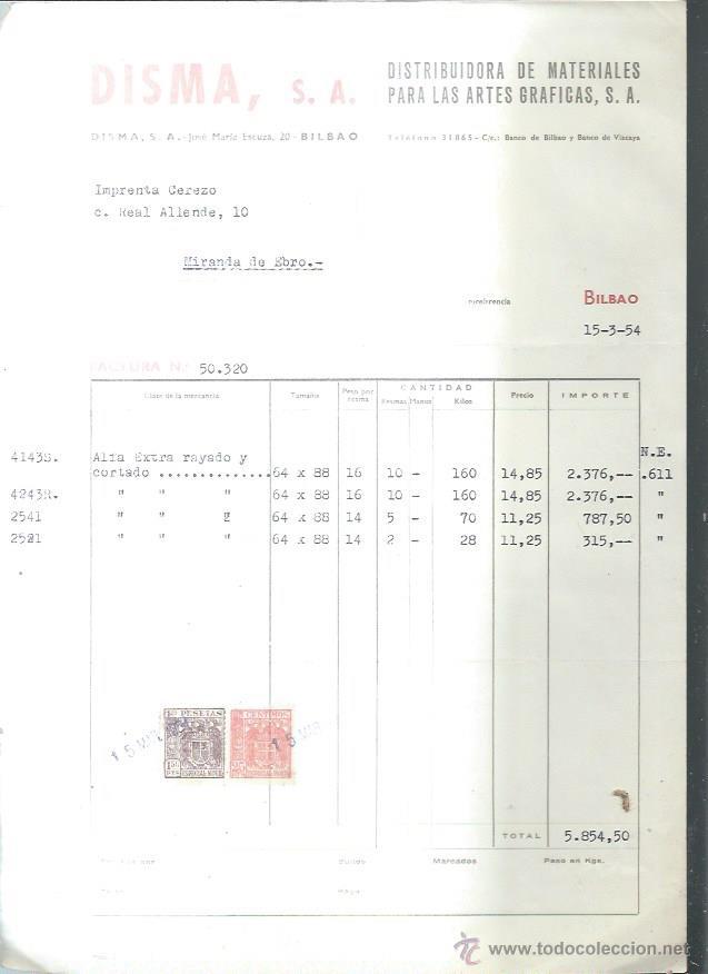 Old Invoices: DISMA DISTRIBUIDORA DE MATERIALES PARA LAS ARTES GR&Aacute;FICAS, BILBAO 15 MARZO 1954