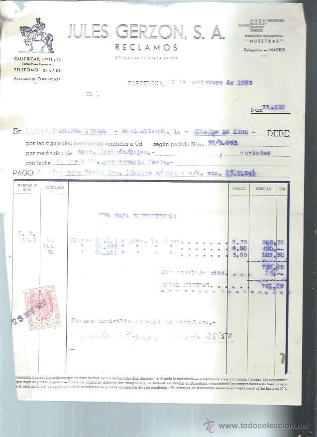 Old Invoices: JULES GERZON RECLAMOS, BARCELONA 23 NOVIEMBRE 1953