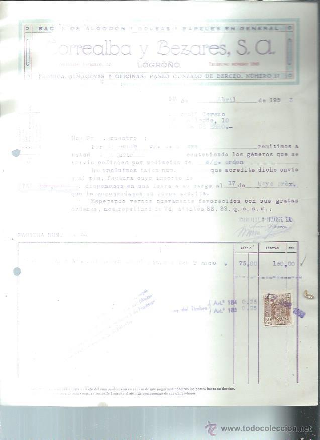 Old Invoices: CORREALBA Y BEZARES SACOS DE ALGOD&Oacute;N BOLSAS PAPELES, LOGRO&Ntilde;O 17 ABRIL 1953