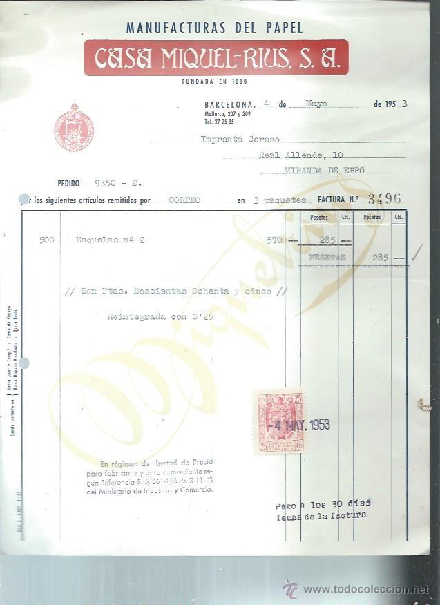 Old Invoices: MANUFACTURAS DE PAPEL CASA MIQUEL RIUS, BARCELONA 4 MAYO 1953