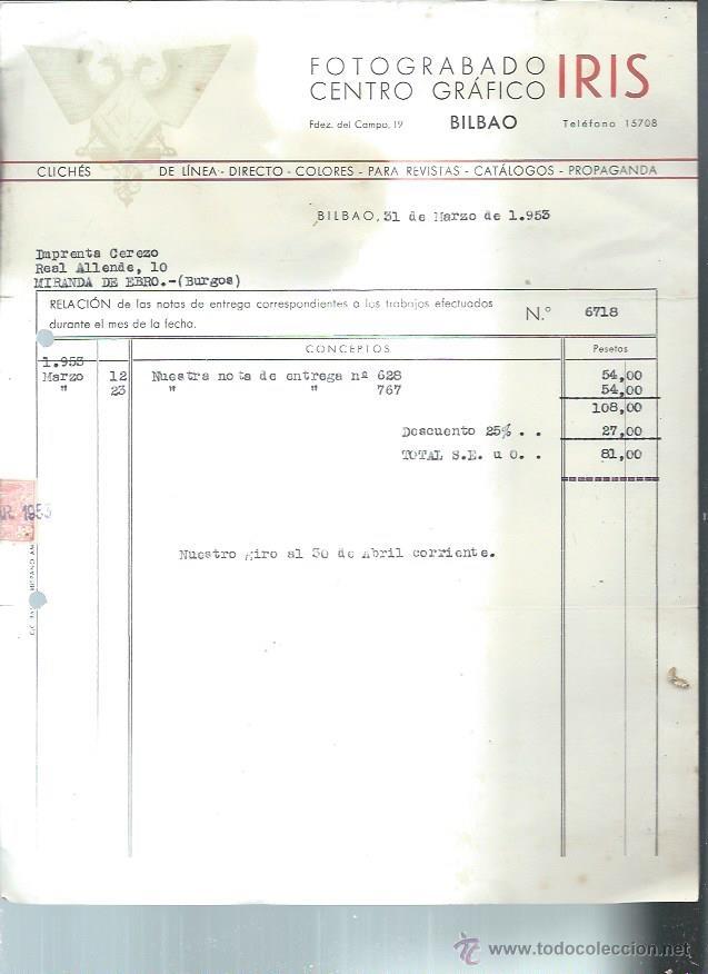 Fatture antiche: FOTOGRABADO IRIS CENTRO GR&Aacute;FICO, BILBAO 31 MARZO 1953