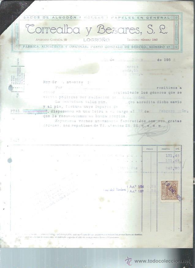 Fatture antiche: CORREALBA Y BEZARES, SACOS DE ALGOD&Oacute;N BOLSAS PAPELES, LOGRO&Ntilde;O 19 ENERO 1952