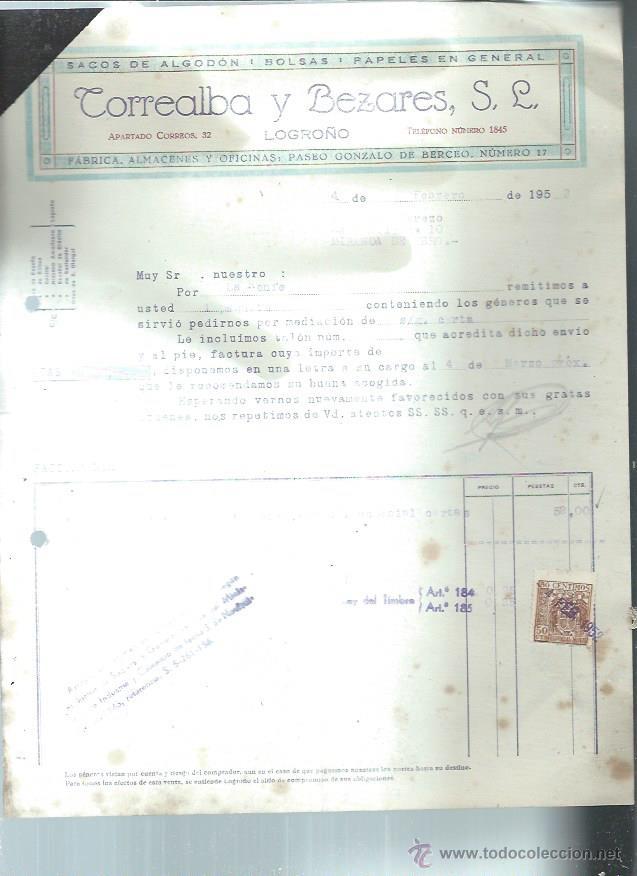 Fatture antiche: CORREALBA Y BEZARES, SACOS DE ALGOD&Oacute;N BOLSAS PAPELES, LOGRO&Ntilde;O 4 FEBRERO 1952