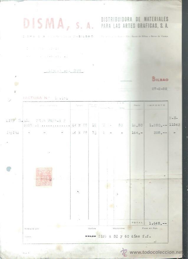 Fatture antiche: DISMA DISTRIBUIDORA DE MATERIALES PARA LAS ARTES GR&Aacute;FICAS, BILBAO 17 FEBRERO 1952