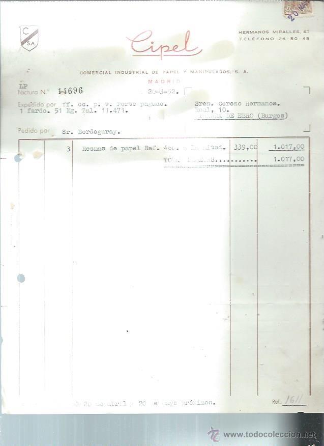Fatture antiche: CIPEL COMERCIAL INDUSTRIAL DE PAPEL Y MANPULADOS, MADRID 20 MARZO 1952