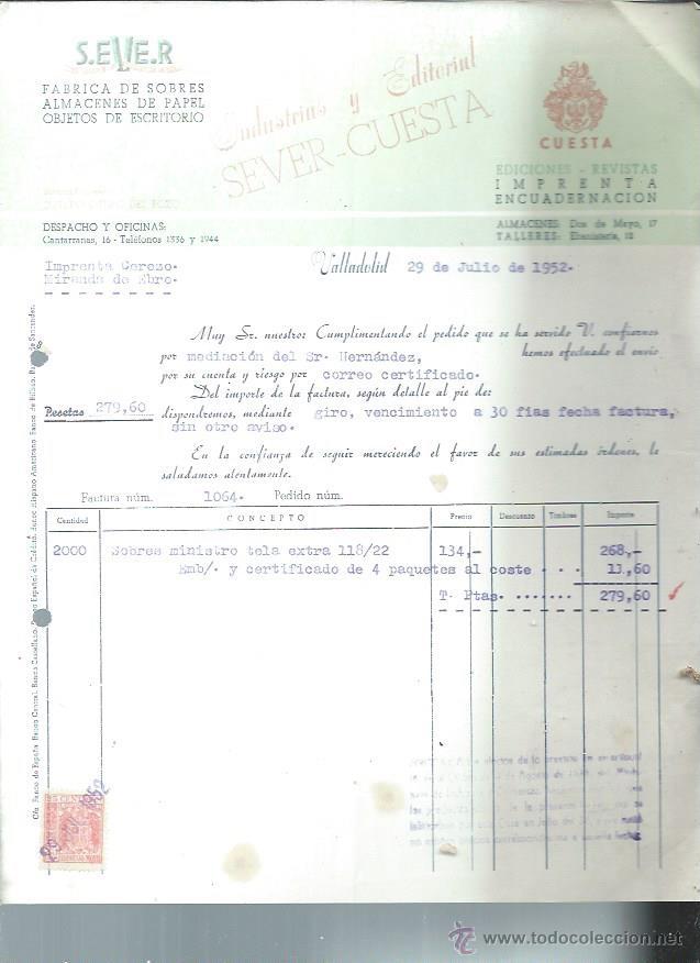 Old Invoices: INDUSTRIAS Y EDITORIAL SEVER CUESTA, EDICIONES REVISTAS  ENCUADERNACI&Oacute;N VALLADOLID 29 JULIO 1952