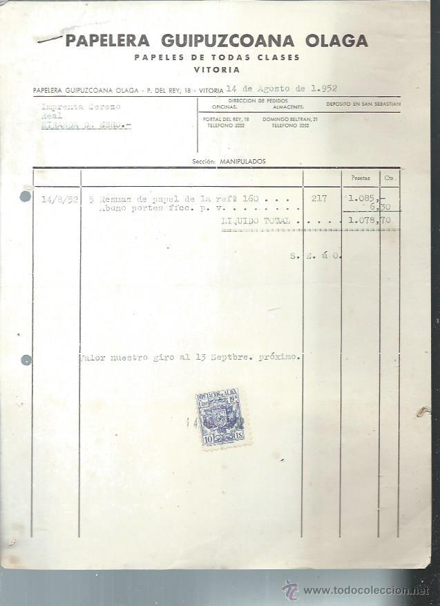 Old Invoices: PAPELERA GUIIPUZCOANA OLAGA PAPELES DE TODAS CLASES, VITORIA 14 AGOSTO 1952