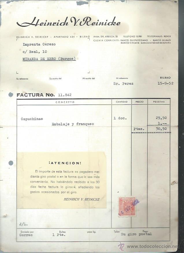 Old Invoices: FACTURA HEINRICH V. REINICKE, BILBAO 15 SEPTIEMBRE 1952