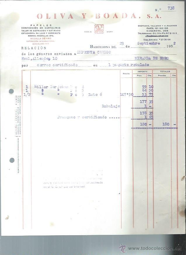 Old Invoices: OLIVA Y BOADA, PAPELES, BARCELONA 29 SEPTIEMBRE 1952
