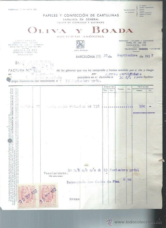 Old Invoices: OLIVA Y BOADA, PAPELES, BARCELONA 30 SEPTIEMBRE 1952