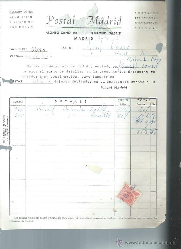 Old Invoices: POSTAL MADRID RECORDATORIOS DE COMUNI&Oacute;N Y DEFUNCI&Oacute;N ESQUELAS, MADRID 18 OCTUBRE 1952
