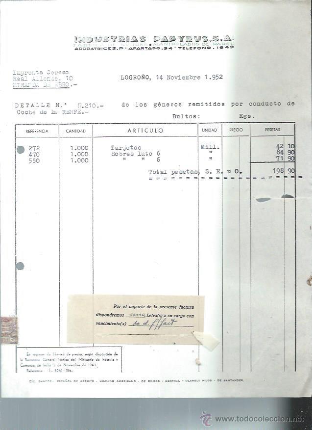 Old Invoices: INDUSTRIAS PAPYRUS F&Aacute;BRICA DE SOBRES MANIPULADOS DE PAPEL, LOGRO&Ntilde;O 14 NOVIEMBRE 1952