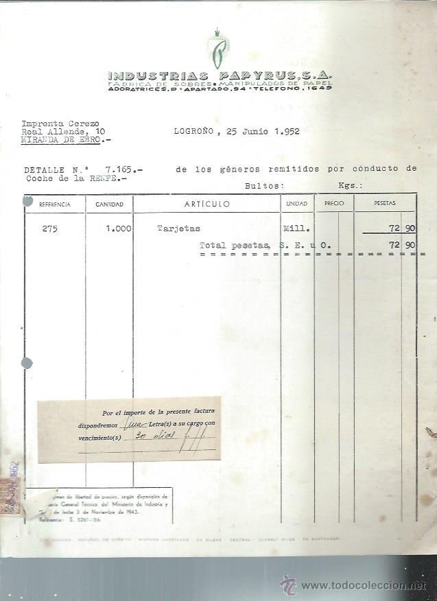 Old Invoices: INDUSTRIAS PAPYRUS F&Aacute;BRICA DE SOBRES MANIPULADOS DE PAPEL, LOGRO&Ntilde;O 25 JUNIO 1952