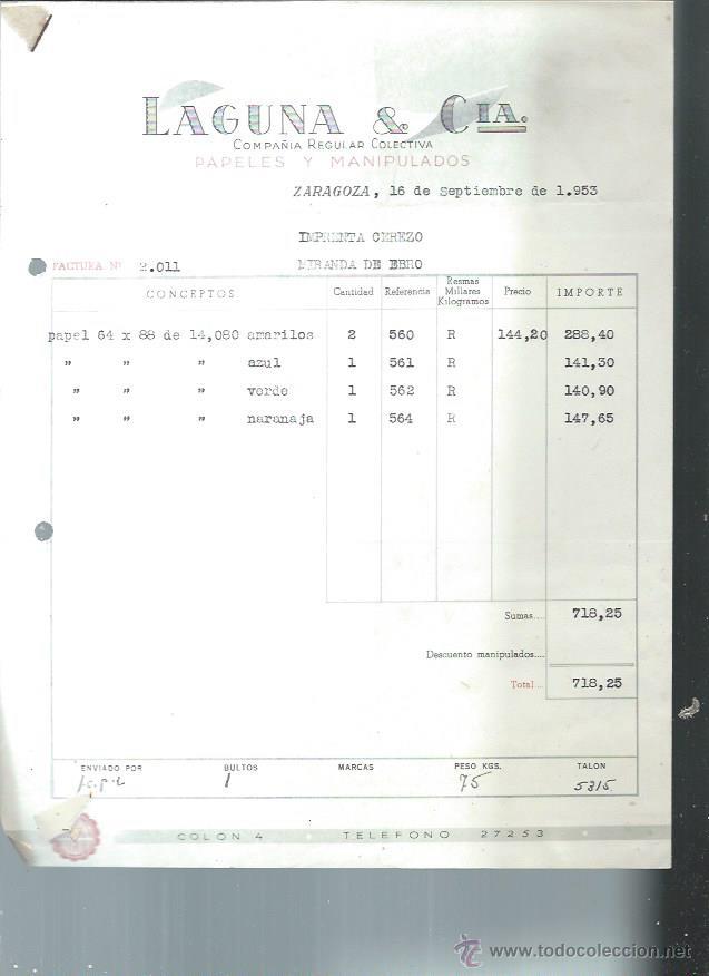 Old Invoices: LAGUNA Y CIA, PAPELES Y MANIPULADOS, ZARAGOZA 16 SEPTIEMBRE 1953