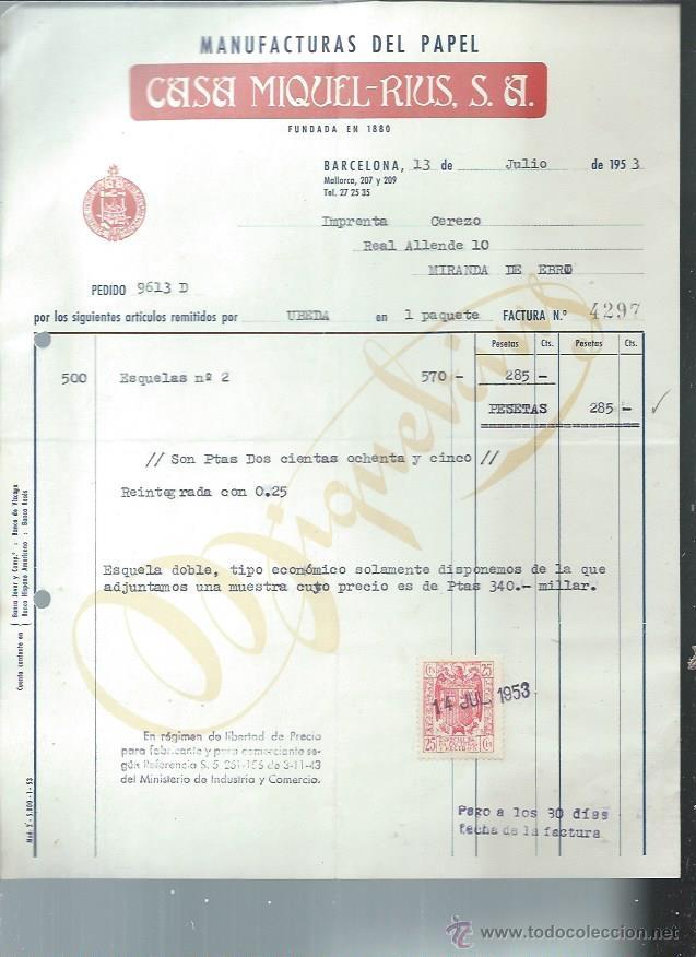Old Invoices: MANUFACTURAS DE PAPEL CASA MIQUEL RIUS, BARCELONA 13 JULIO 1953