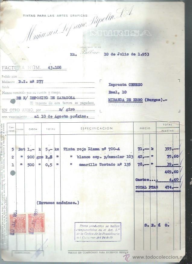 Old Invoices: TINTAS PARA LAS ARTES GR&Aacute;FICAS MURISA, MU&Ntilde;UZURI LEFRANC RIPOLIN, BILBAO 10 JULIO 1953