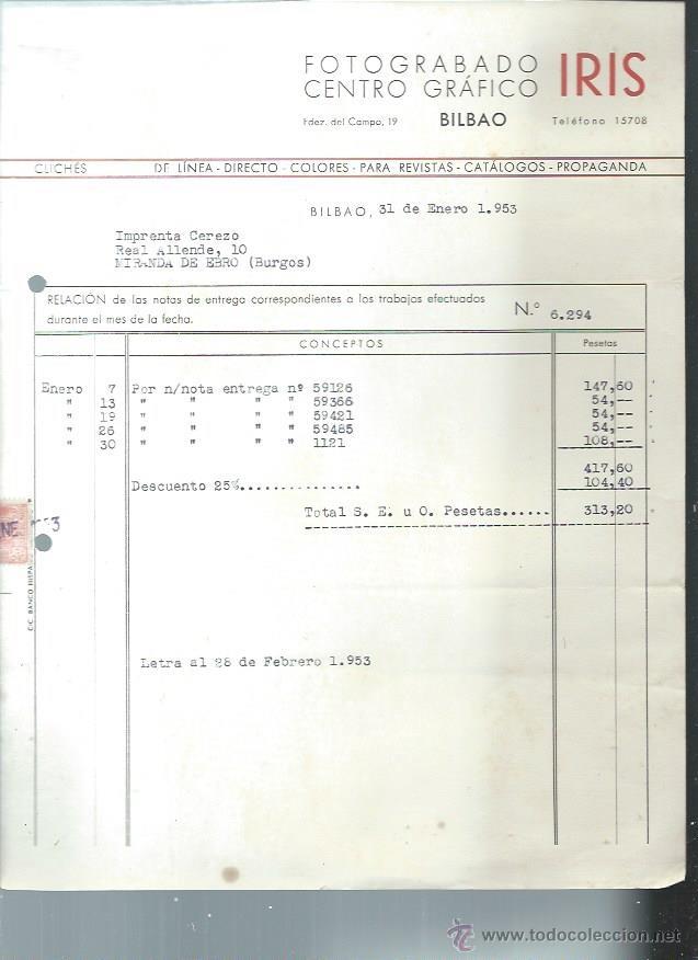 Old Invoices: FOTOGRABADO CENTRO GR&Aacute;FICO IRIS, BILBAO 31 ENERO 1953