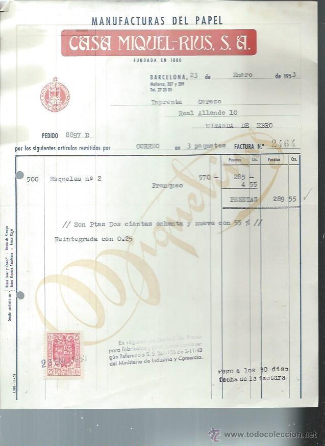 Old Invoices: MANUFACTURAS DEL PAPEL CASA MIQUEL RIUS, BARCELONA 23 ENERO 1953