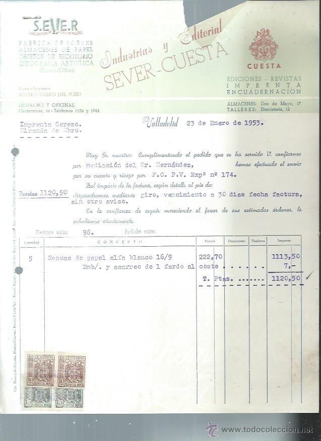 Old Invoices: INDUSTRIAS Y EDITORIAL SEVER CUESTA, VALLADOLID 23 ENERO 1953