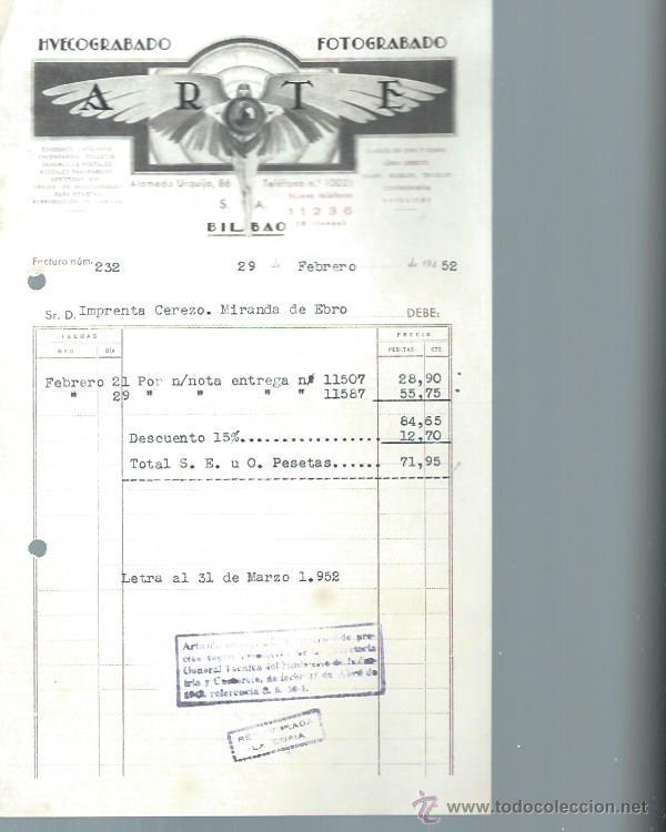 Alte Rechnungen: HUECOGRABADO FOTOGRABADO ARTE SOCIEDAD AN&Oacute;NIMA, BILBAO 29 FEBRERO 1952