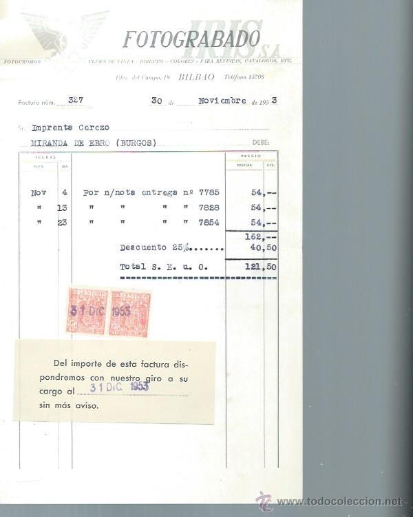 Alte Rechnungen: FOTOGRABADO IRIS, BILBAO 30 NOVIEMBRE 1953, 15 POR 25CM