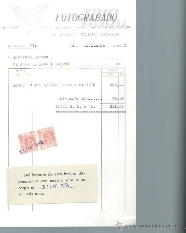 Alte Rechnungen: FOTOGRABADO IRIS, BILBAO 31 DICIEMBRE 1953, 15 POR 25CM