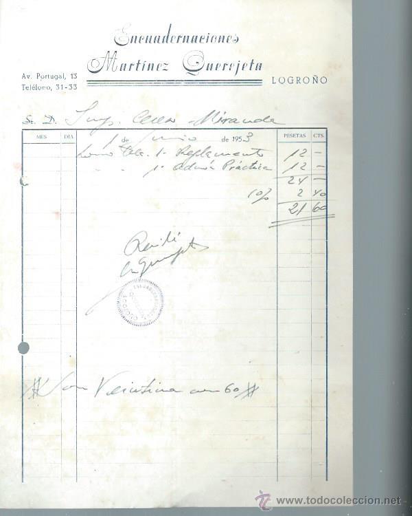 Alte Rechnungen: ENCUADERNAC&Iacute;ONES MART&Iacute;NEZ QUEREJETA, LOGRO&Ntilde;O 1 JUNIO 1953, 17 POR 25CM