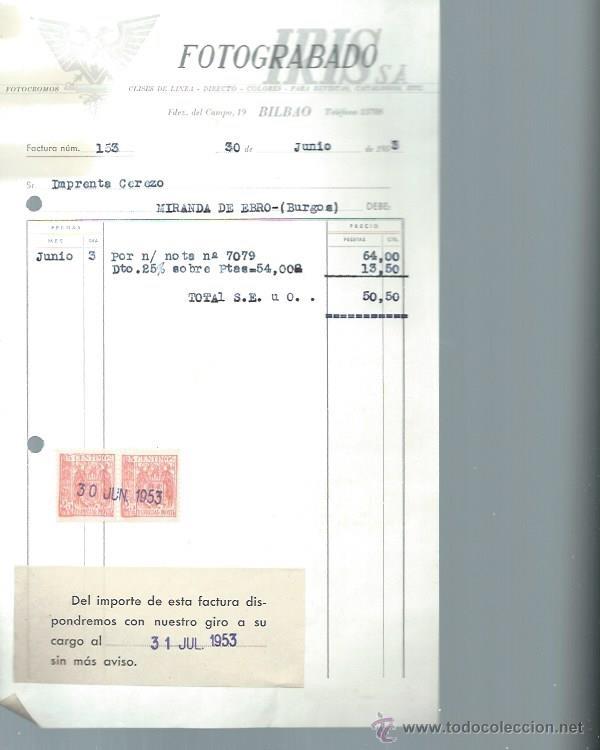Alte Rechnungen: FOTOGRABADO IRIS, BILBAO 30 JUNIO 1953, 15 POR 25CM