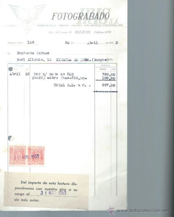 Alte Rechnungen: FOTOGRABADO IRIS, BILBAO 30 ABRIL 1953, 15 POR 25CM