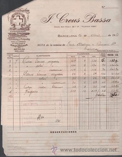 Factures anciennes: L9-14 Factura de J. CREUS BASSA - Fabrica de ALGODONES y sus DESPERDICIOS - de Barcelona -  Recibo d