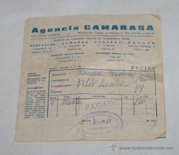 Facturas antiguas: FACTURA ANTIGUA POR 4 MALETAS DE LA AGENCIA DE TRANSPORTES CAMARASA, HELLIN 1971