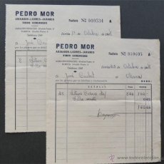 Fatture antiche: 2 FACTURA / PEDRO MOR / ANIS - VINOS - LICORES / LLEIDA - LERIDA 1948