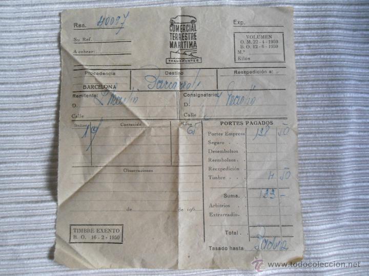 Faturas antigas: ANTIGUA FACTURA TRANSPORTES COMERCIAL TERRESTRE MARITIMA - BARCARROTA - BADAJOZ - A&Ntilde;O 1950