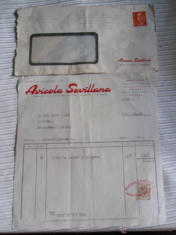 Faturas antigas: ANTIGUA FACTURA CON SOBRE AVICOLA SEVILLANA - GONZALEZ MARTINEZ CANO - SEVILLA - A&Ntilde;OS 60