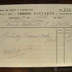 Facturas antiguas: FACTURA COMPRA EN LIBRERIA SANTAREN VALLADOLID 1939. Lote 51576369