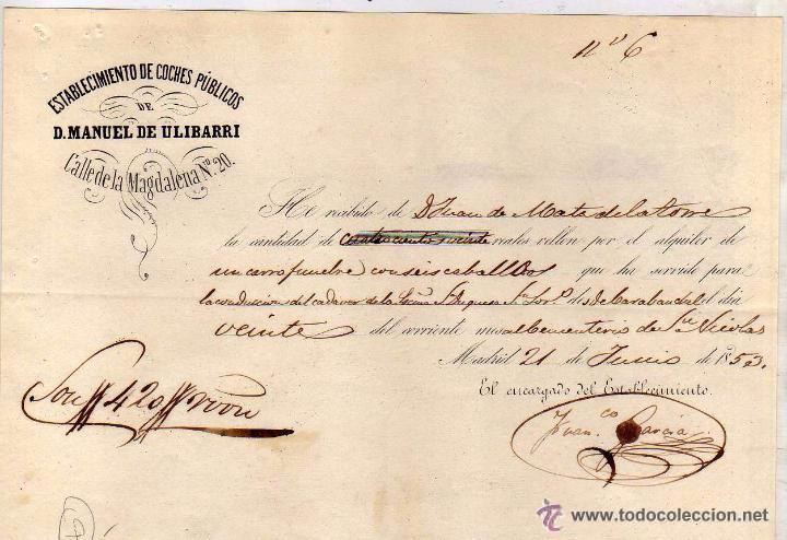Factures anciennes: Establecimiento de coches p&uacute;blicos de Manuel de Ulibarri. Calle Magdalena Madrid.