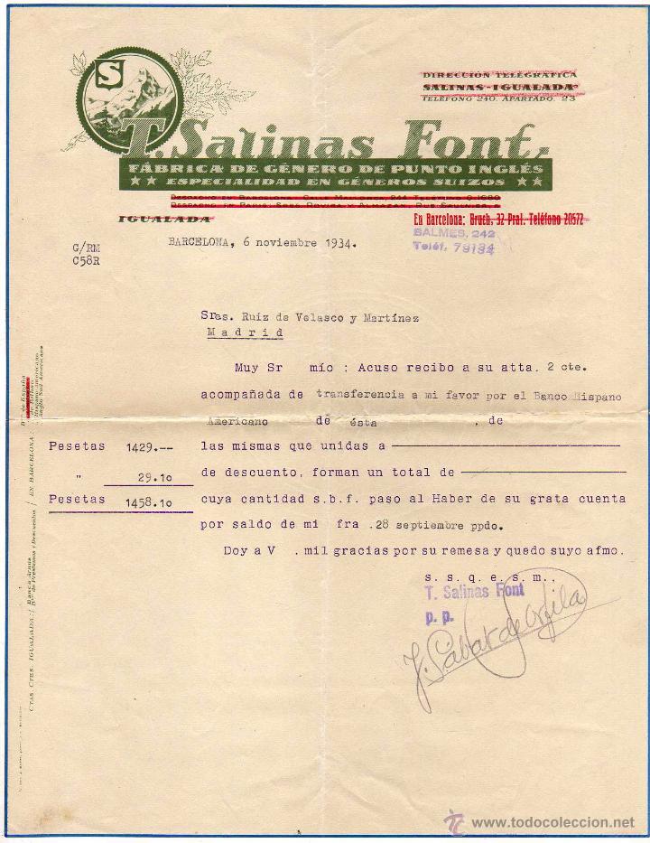 Old Invoices: Factura. T Salinas Font f&aacute;brica de g&eacute;neros de punto ingl&eacute;s. Barcelona. 1934 Firma propietario.