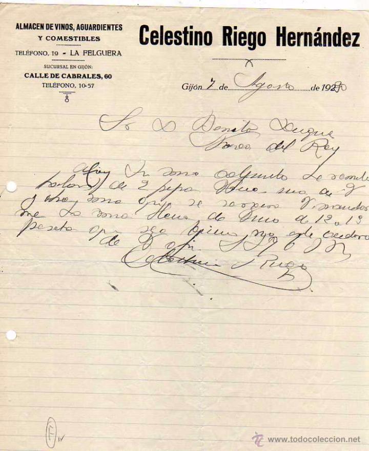 Facturas antiguas: Celestino Riego Hern&aacute;ndez. Vinos, aguardientes y comestibles. Gij&oacute;n. Firma propietario