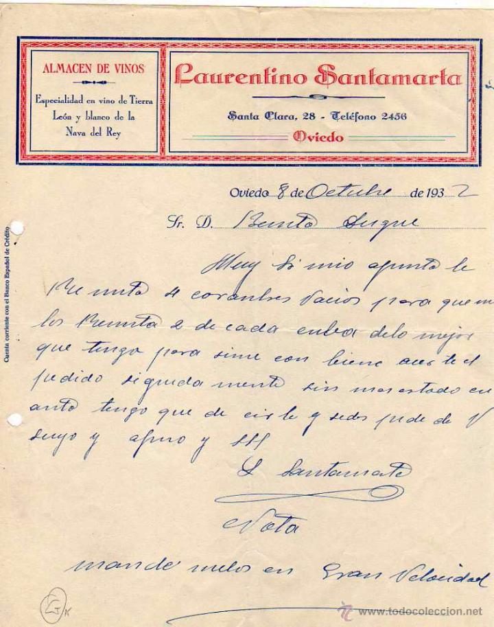 Facturas antiguas: Laurentino Santamarta Almacen de vinos. Vino de tierra de Le&oacute;n y Nava del Rey. Oviedo. Firma
