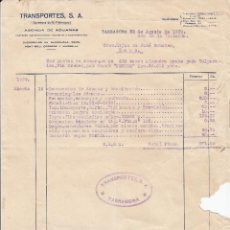 Facturas antiguas: FACTURA COMERCIAL DE TRANSPORTES SA. DE TARRAGONA CON NOTA GASTOS PUERTO AÑO 1939