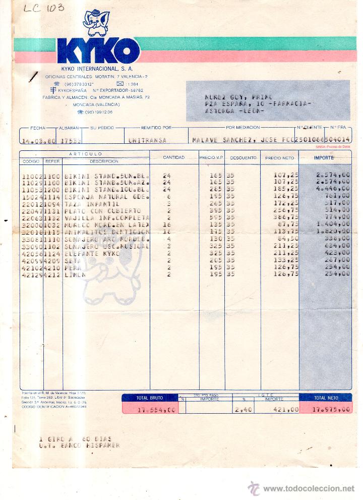 Alte Rechnungen: FACTURA. KYKO INTERNATIONAL ,S.A. VALENCIA 1980.