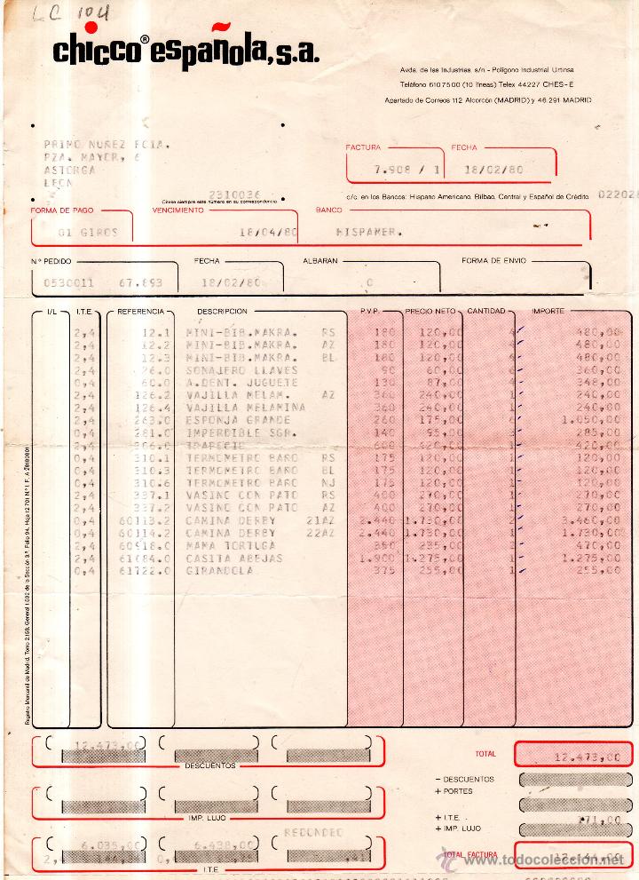 Alte Rechnungen: FACTURA. CHICCO ESPA&Ntilde;OLA,S.A. MADRID 1980.