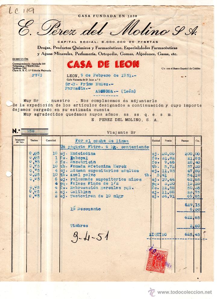 Old Invoices: FACTURA. E.PEREZ DEL MOLINO .FARMACIA , LEON 1951.